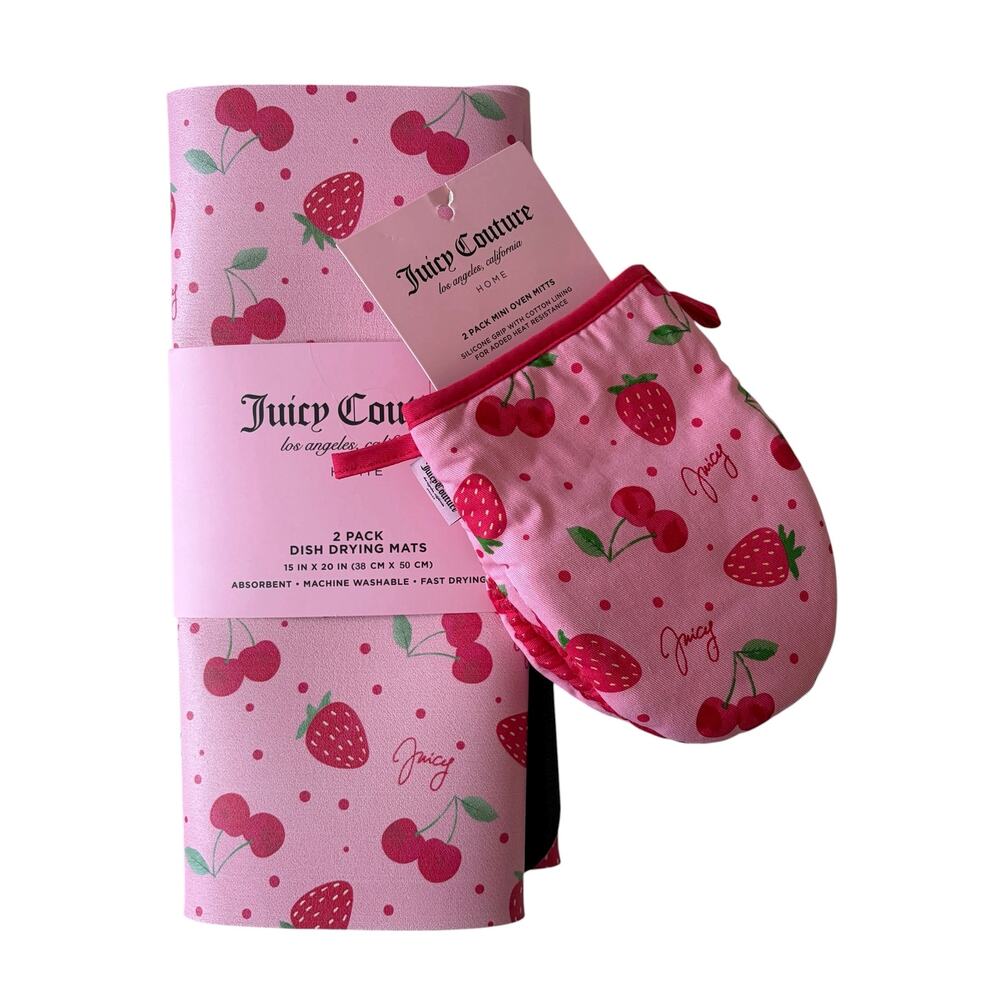 4pc Juicy Couture Cherry & Strawberry Dish Drying Mat Oven Mitt Set Pink Red NEW